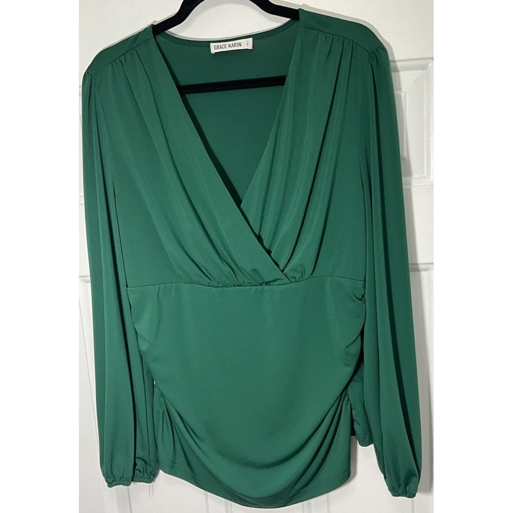 Grace Karin V-Neck Blouse Emerald Green Classy Career Wear Party Dressy Size XL